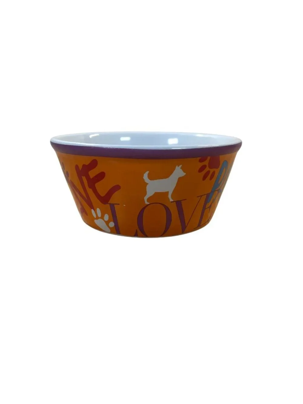 Vibrant Life Ceramic Paw Print Live Love Dog Bowl Feeder Orange